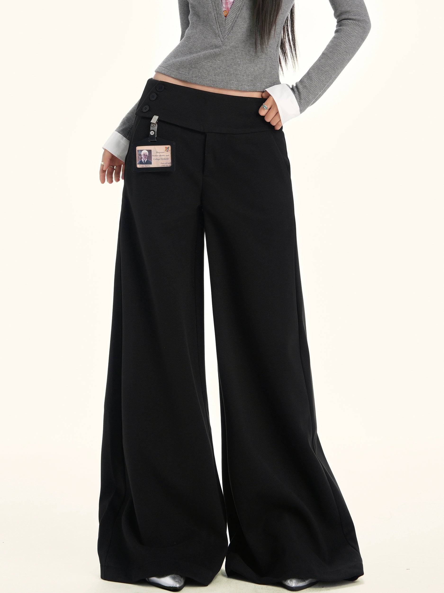 ZAVK Side Waist Button Skinny Wide Leg Pants