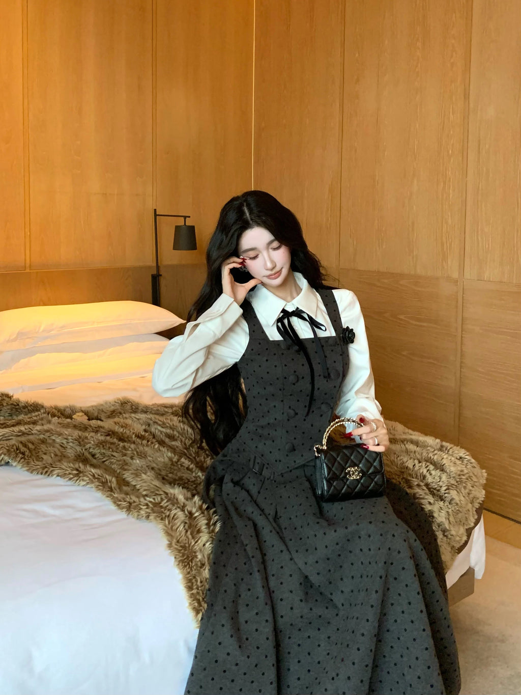 Barb Chill Polka Dot Woolen Vest Long Skirt Set