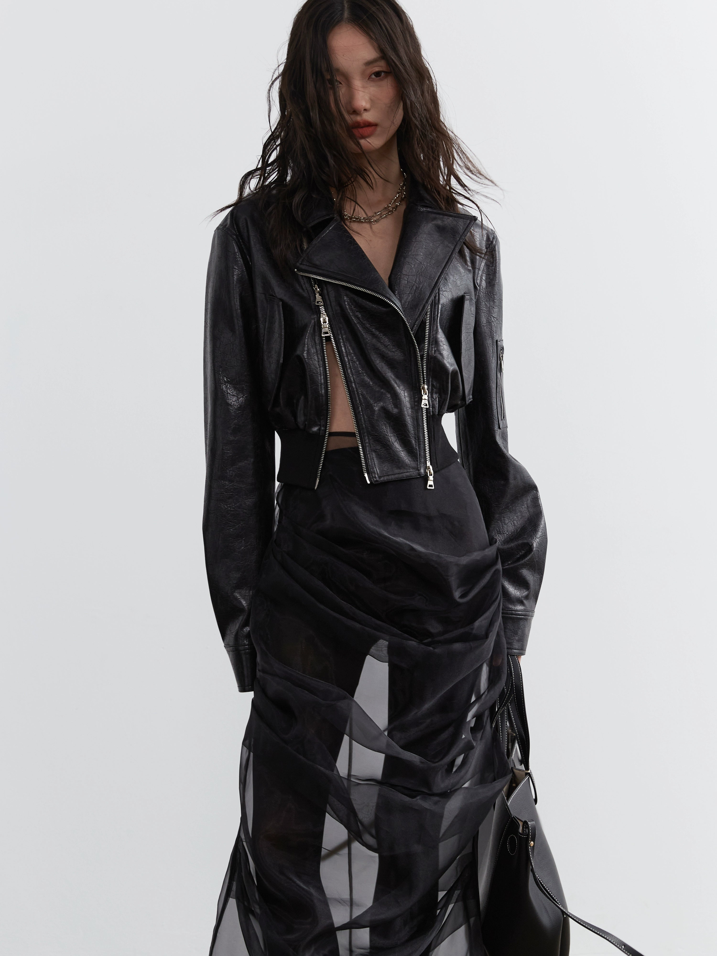 JNYLON Hollow PU Leather High-waisted Ultra-short Jacket