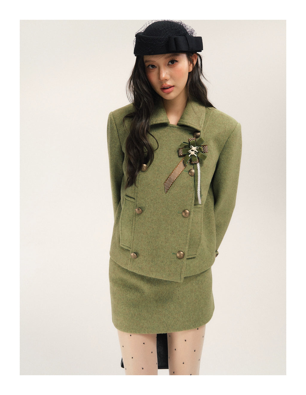 SASSY MOODY Retro Double-breasted Woolen Jacket A-shaped Skirt Set