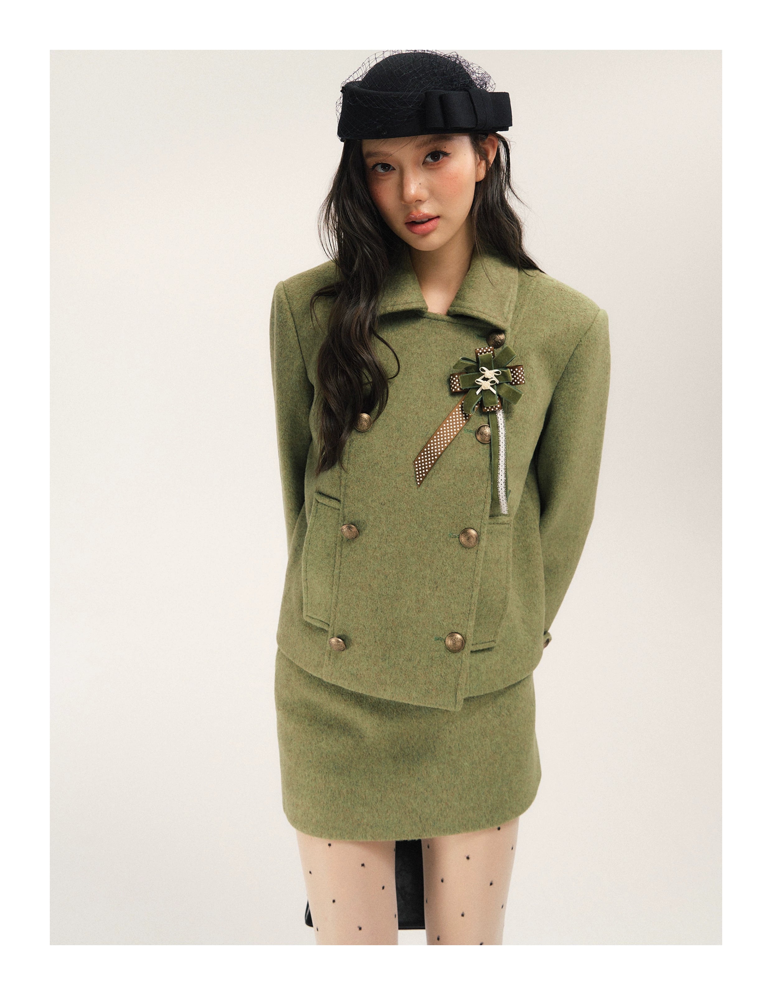 SASSY MOODY Retro Double-breasted Woolen Jacket A-shaped Skirt Set