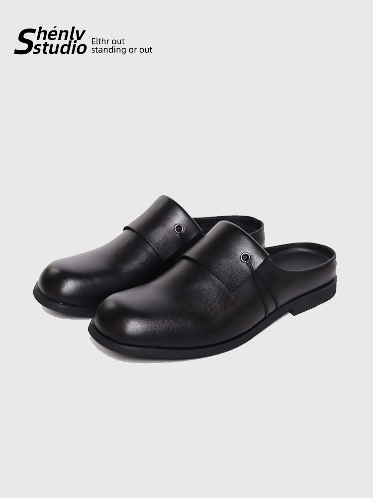SHENLV STUDIO Laminated Baotou Muller Shoes Casual Square Head Leather Shoes