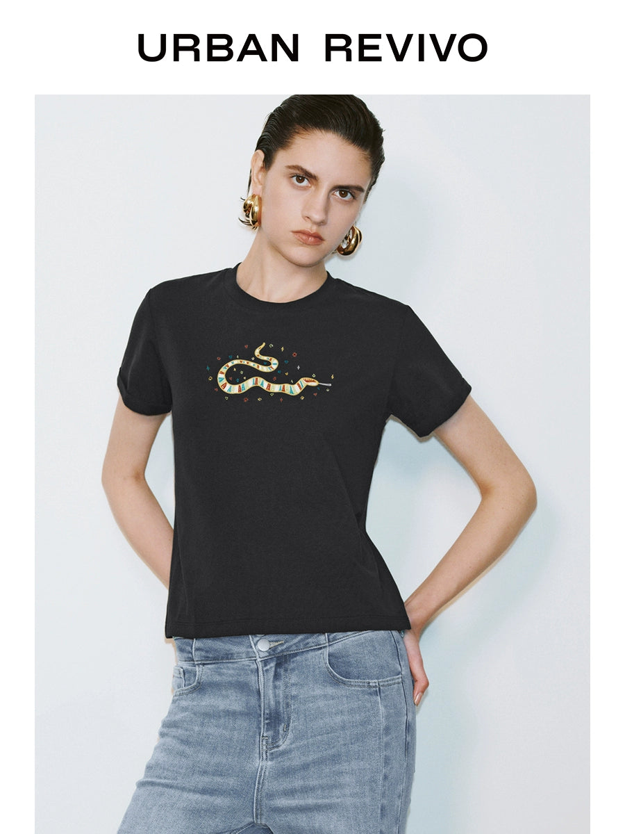 URBAN REVIVO Fun Casual Embroidery Curled Short Sleeve Tee