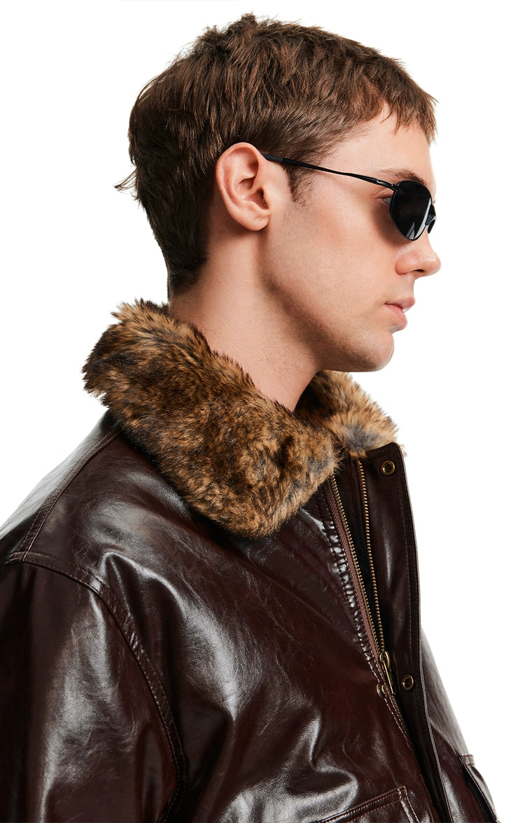 MADWITCH Retro Stitching Fur Collar PU Leather Jacket Cotton Jacket