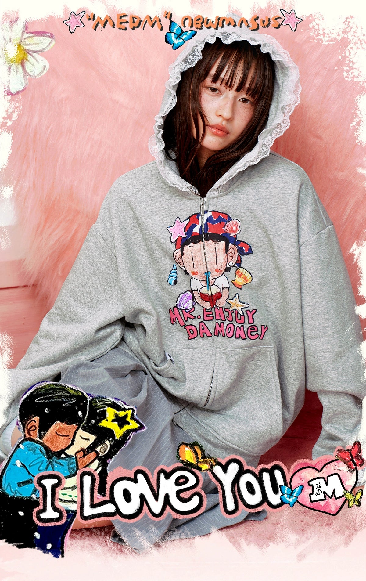 MEDM Lace Zip Hooded Sweater