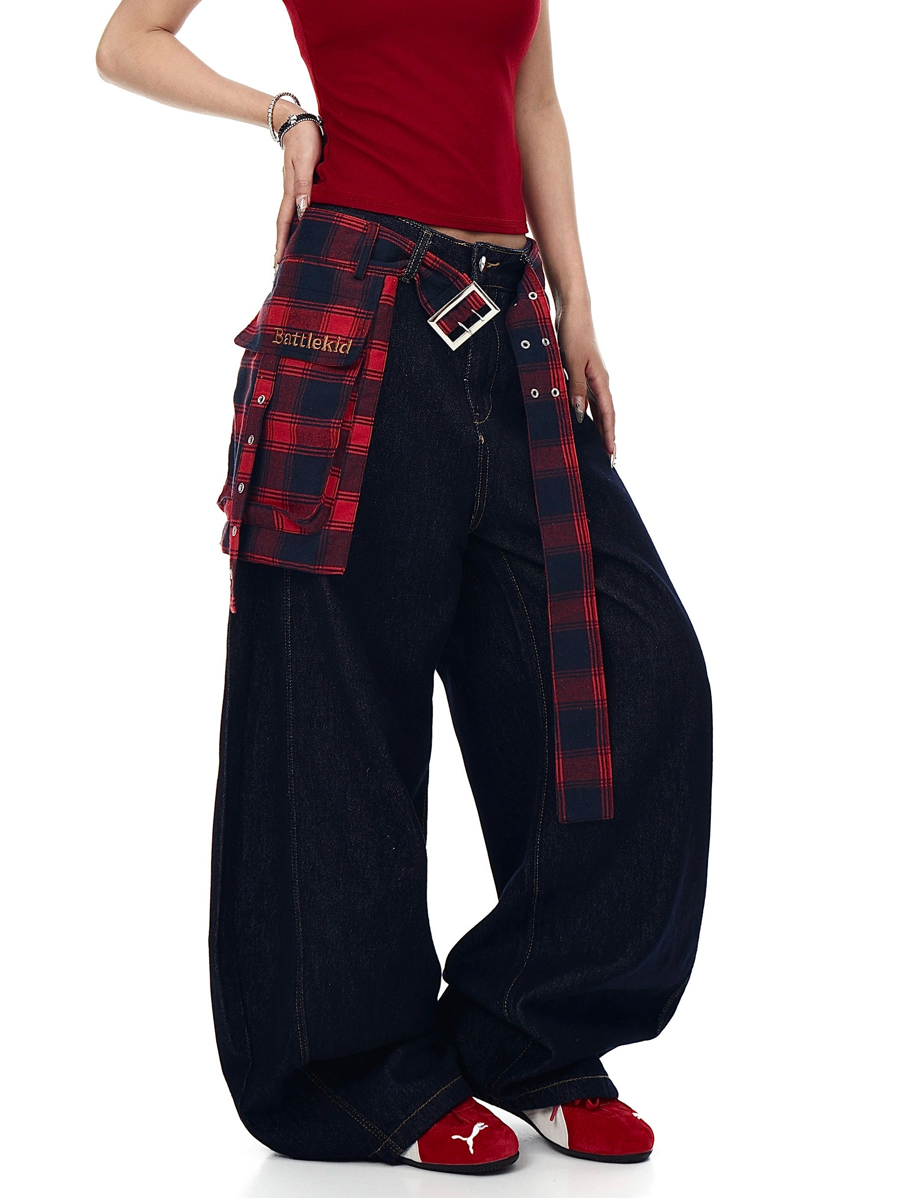 BLACKLISTS Plaid Skirt Waist Seal Fart Curtain Scimitar Jeans