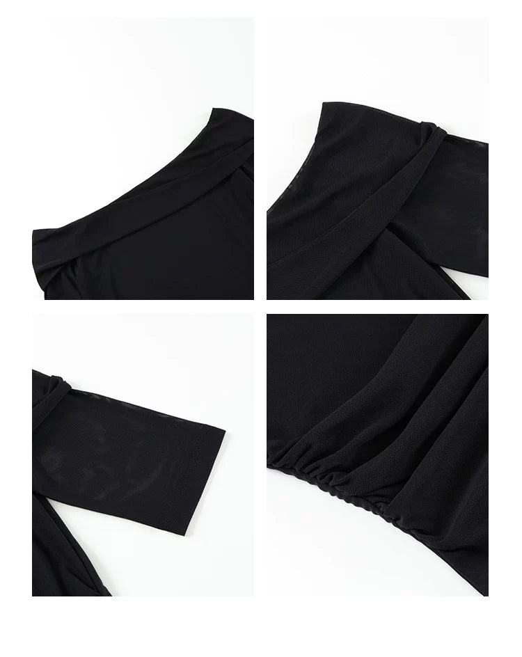 NEVA HU One-word Shoulder Mesh Stitching Slim Tee