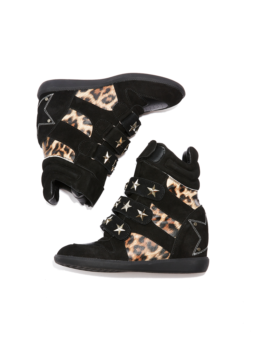 DETW Leopard Print Leather Rivets High-top Thick-soled Heel Shoes