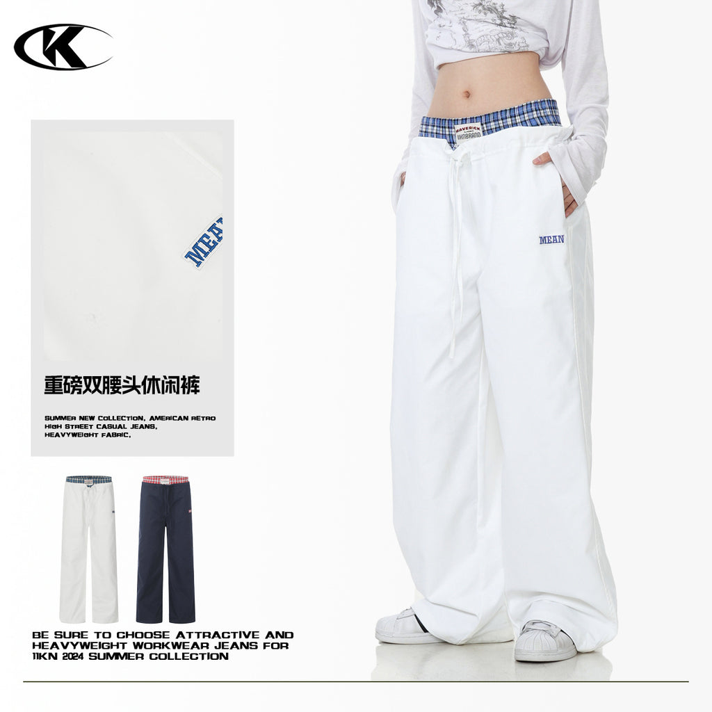 11KN retro plaid splicing fake two-piece paratrooper pants