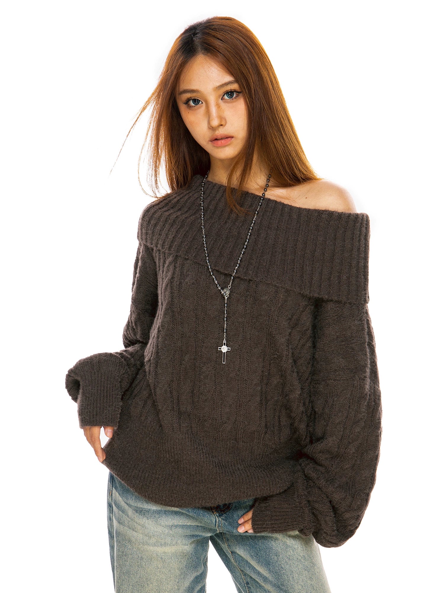 FILIRILI One-word Shoulder Lazy Loose-knit Slanted Shoulder Sweater