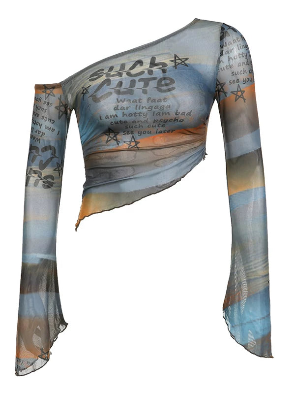 FUNOFF Smudged Letter Print Slanted Shoulder Mesh Blouse