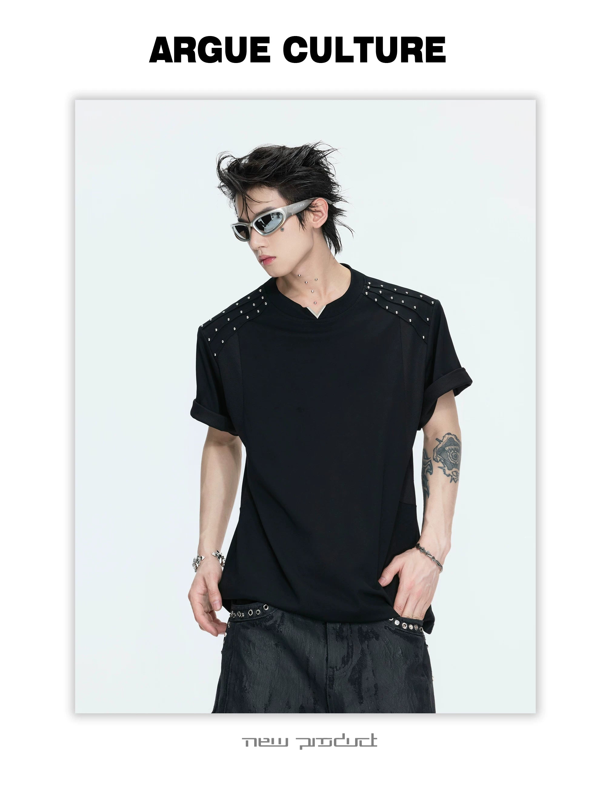 ArguECulturE Rivet Splicing Front Shoulder V-neck Tee