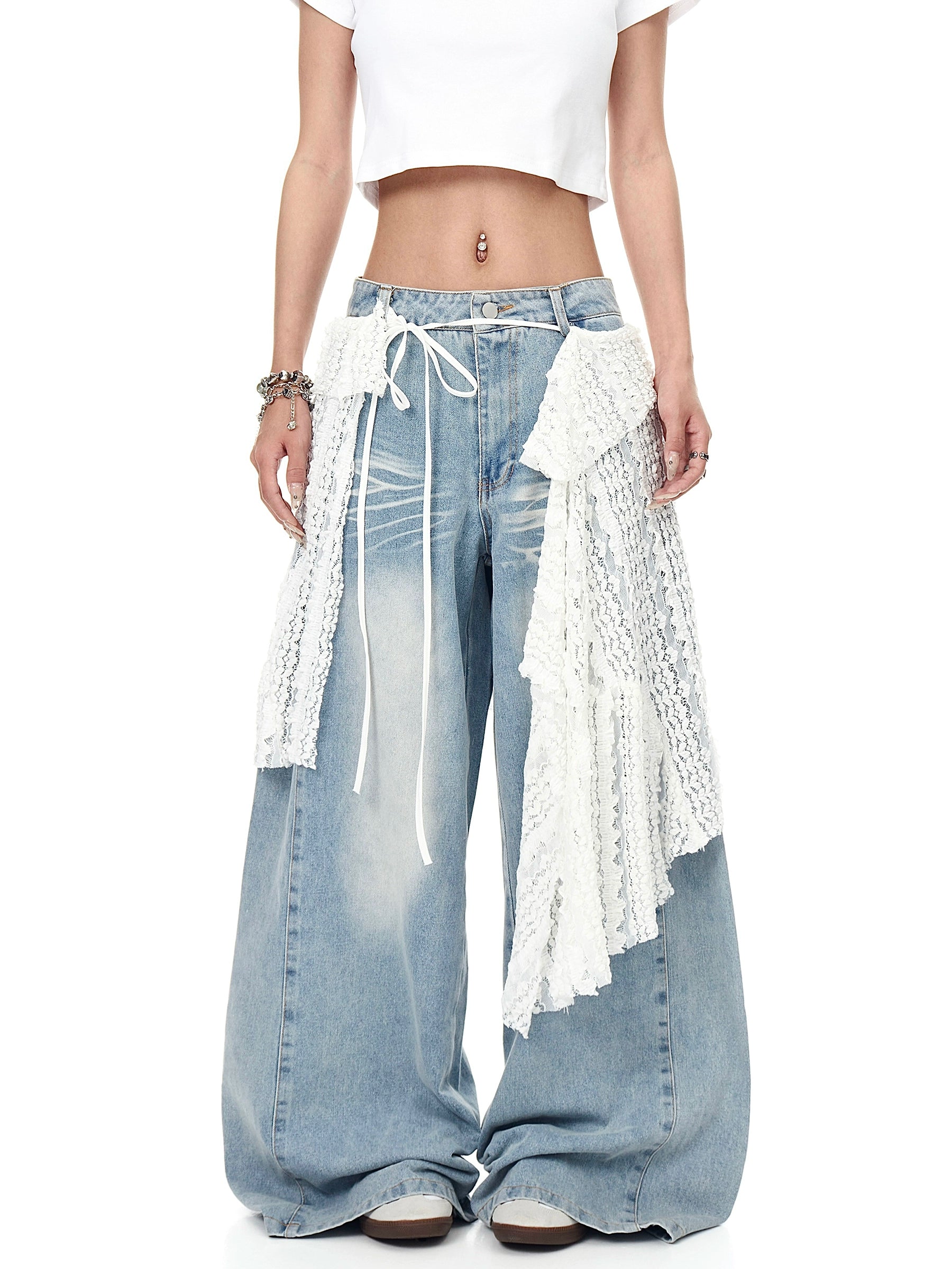 BLACKLISTS Vintage Lace Fart Curtain Stacked on Scimitar Jeans