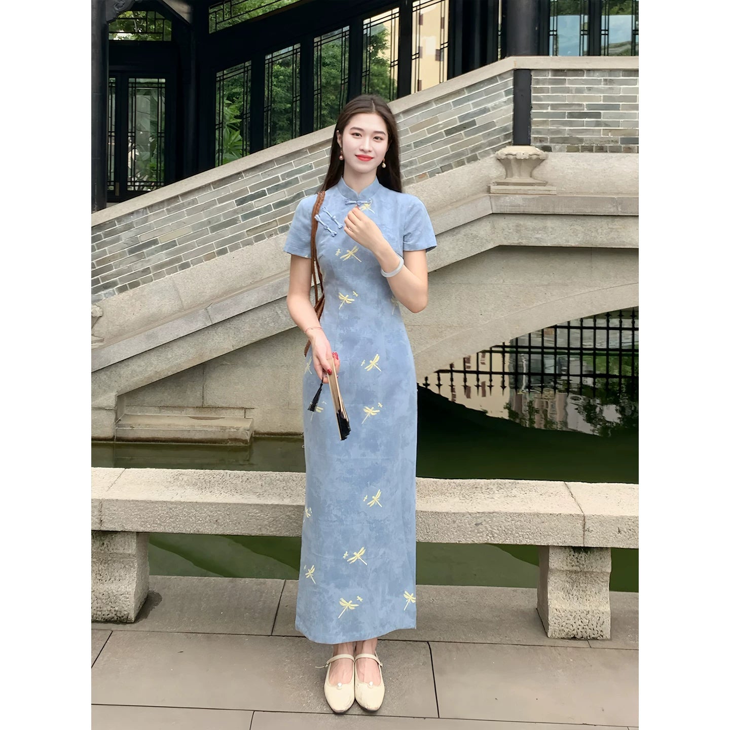 ZIHE Dragonfly Print Stand-up Collar Dress