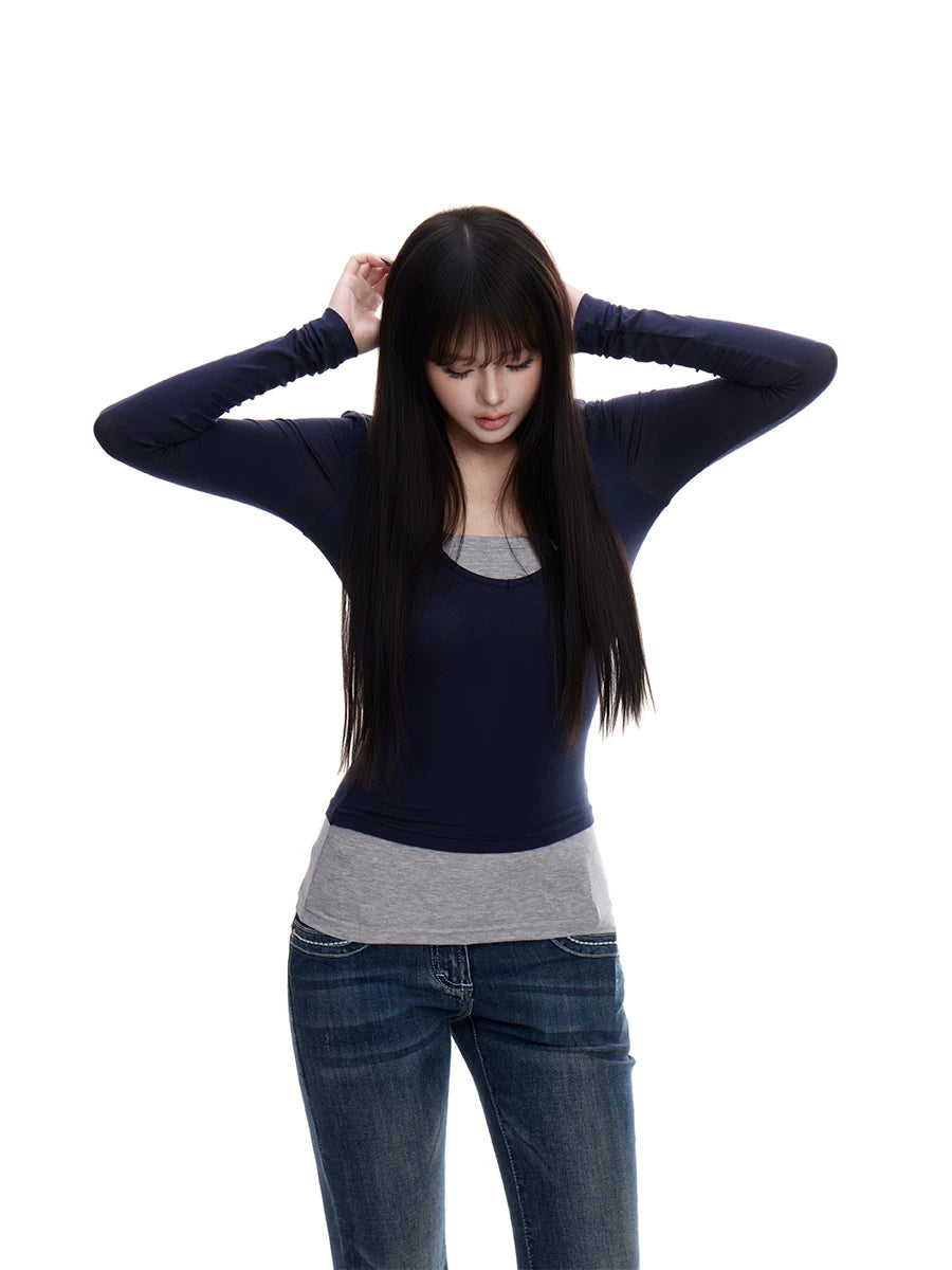 WITHMIN Fake Two-piece Contrasting Color Slim-fitting Front Shoulder Long Sleeves