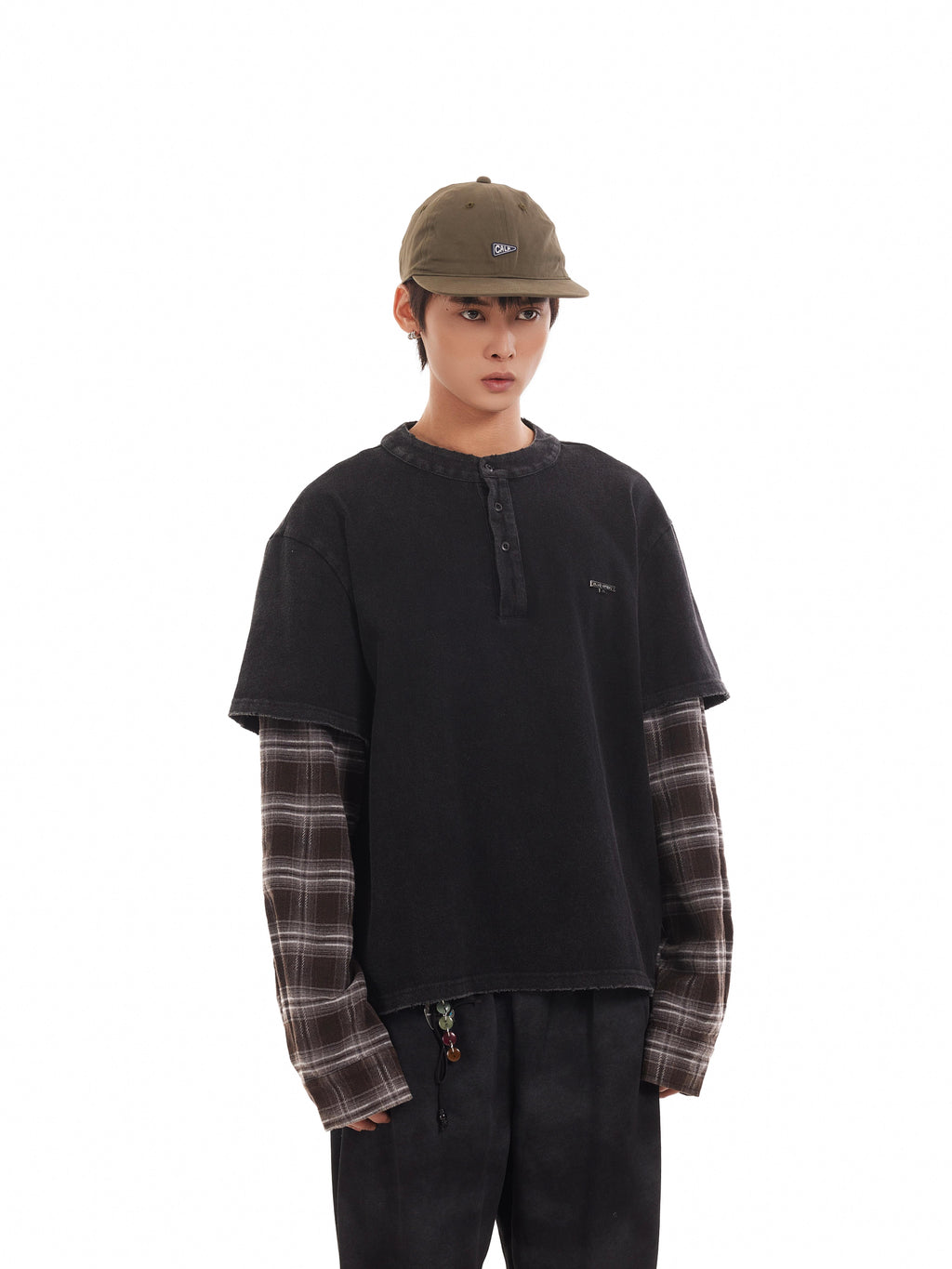 BTSG fake two-piece plaid splicing long sleeve tee