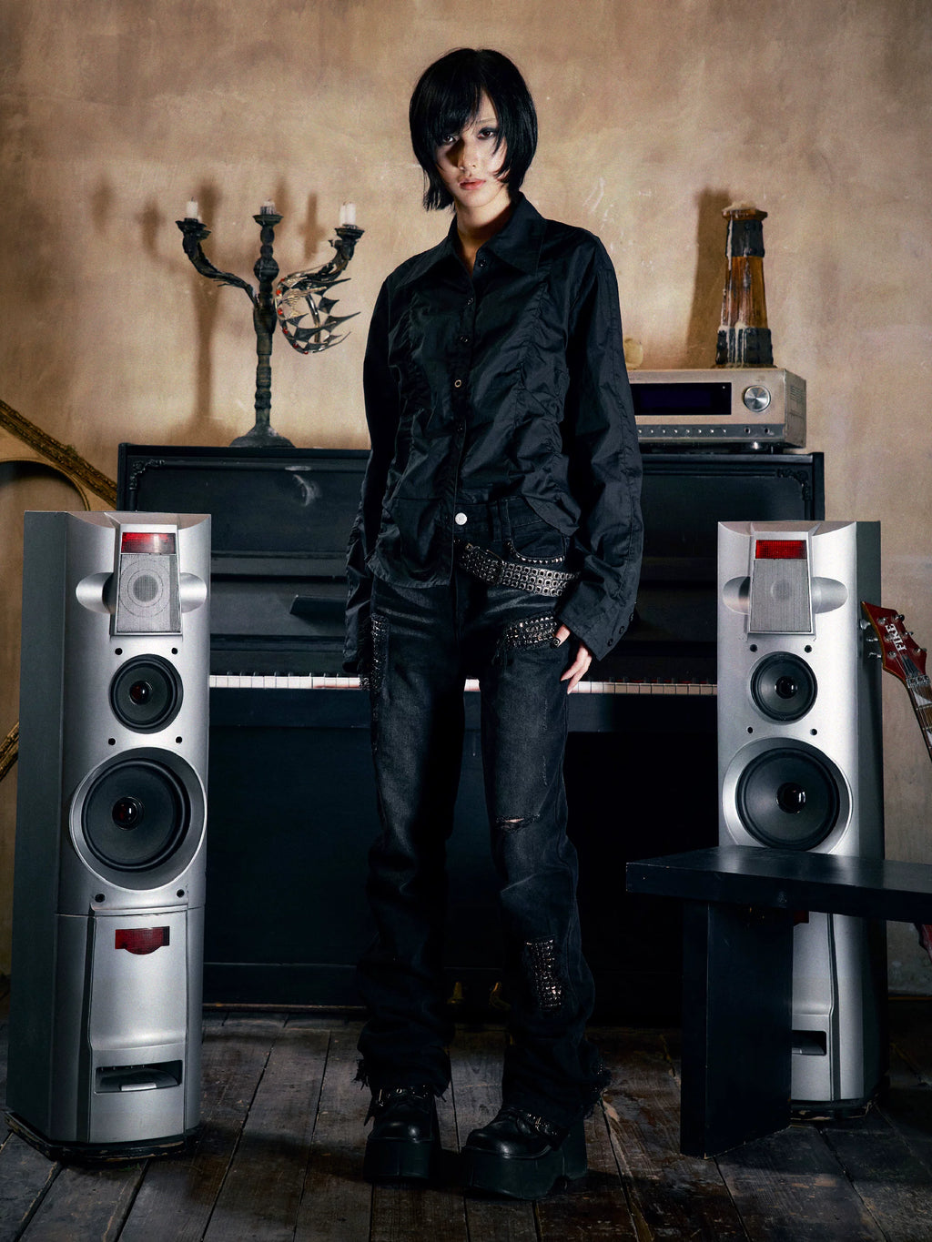 PAIKI Rivet Ripped Slim-fit Micro-elastic Jeans