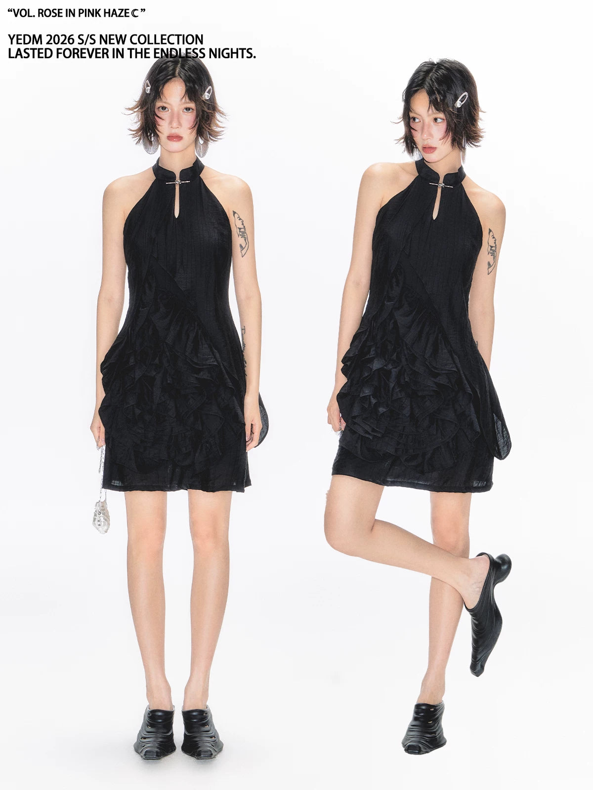 YEDM Stand-up Neck Neck Three-dimensional Rose Dress