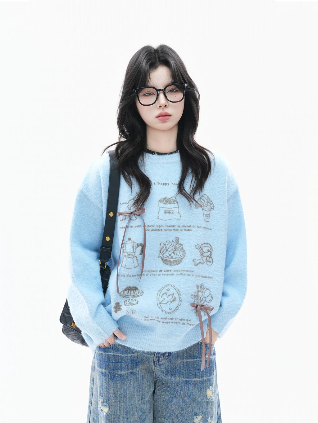 Zuocisankon Soft Waxy Knitted Bow Jacquard Sweater