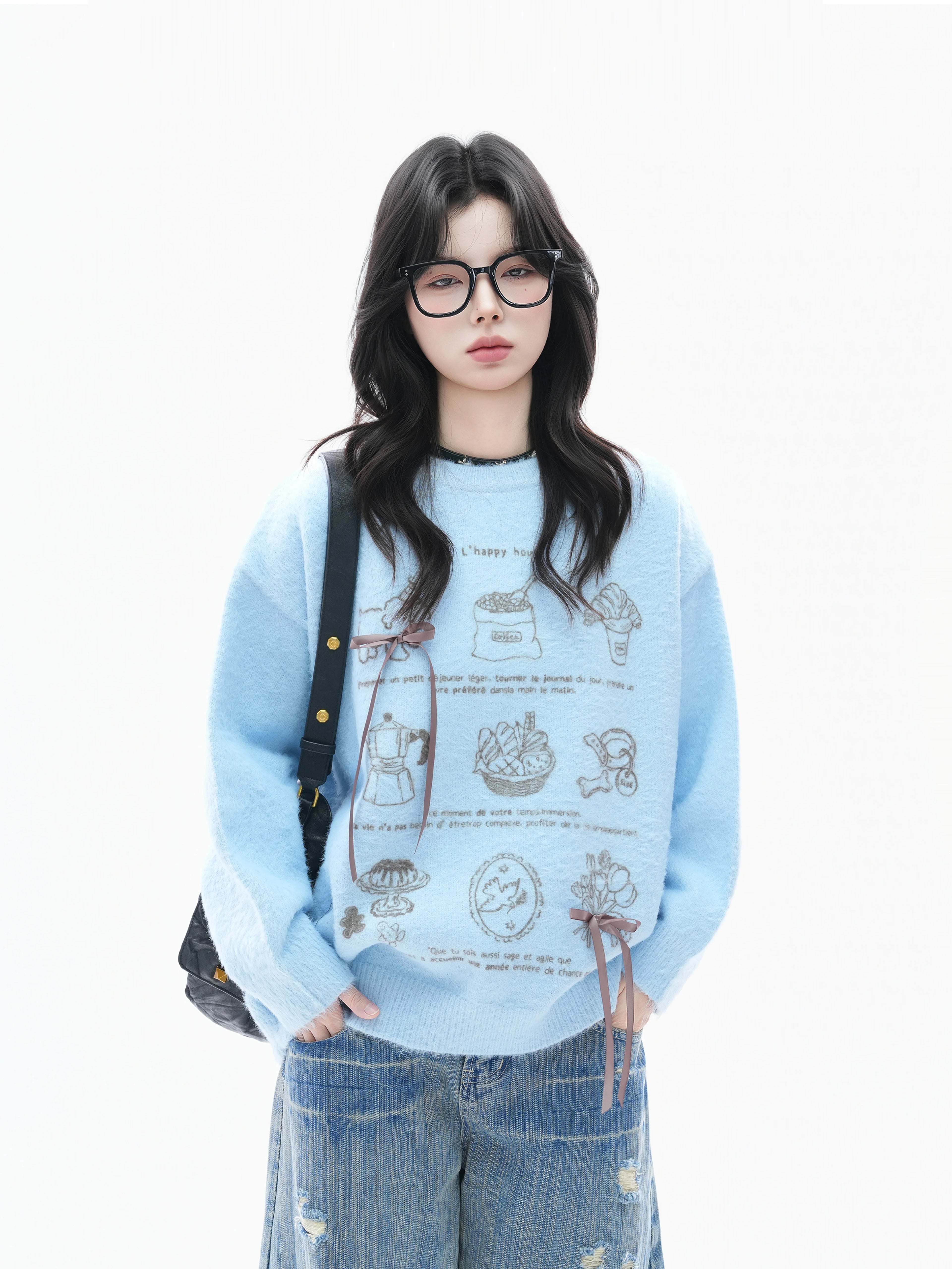 Zuocisankon Soft Waxy Knitted Bow Jacquard Sweater