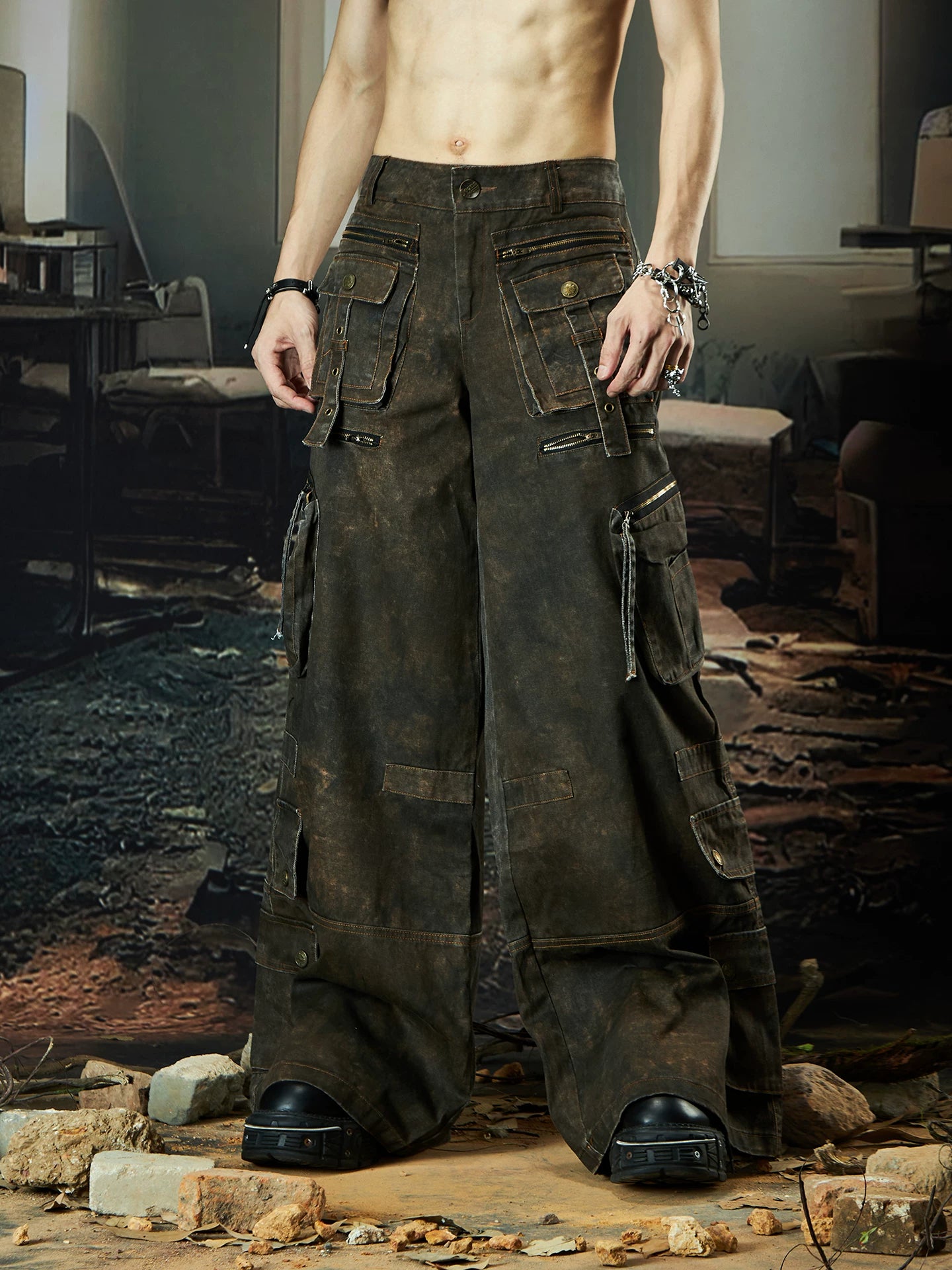 NOMANIAI Multi-pocket Streamer Zipper Splicing Layered Casual Pants