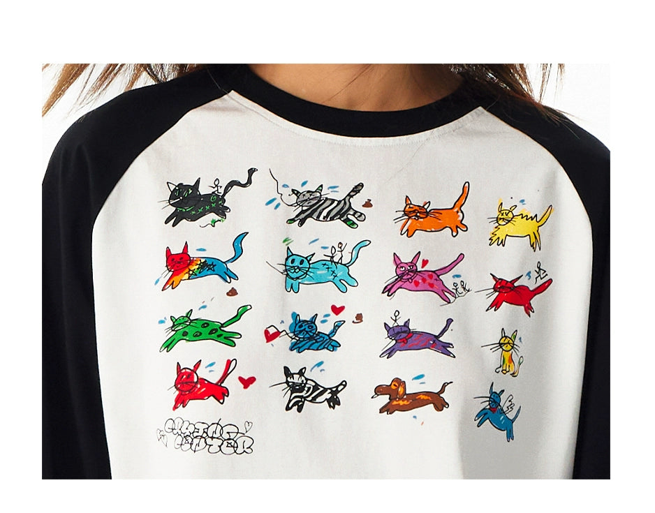 CryingCenter Cute Kitten Hand-painted Shoulder Ruffle Long Sleeve