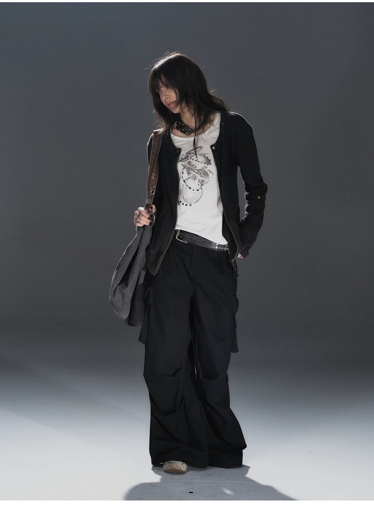 WearAndtear Loose Rivet Crew Neck Sweater Jacket