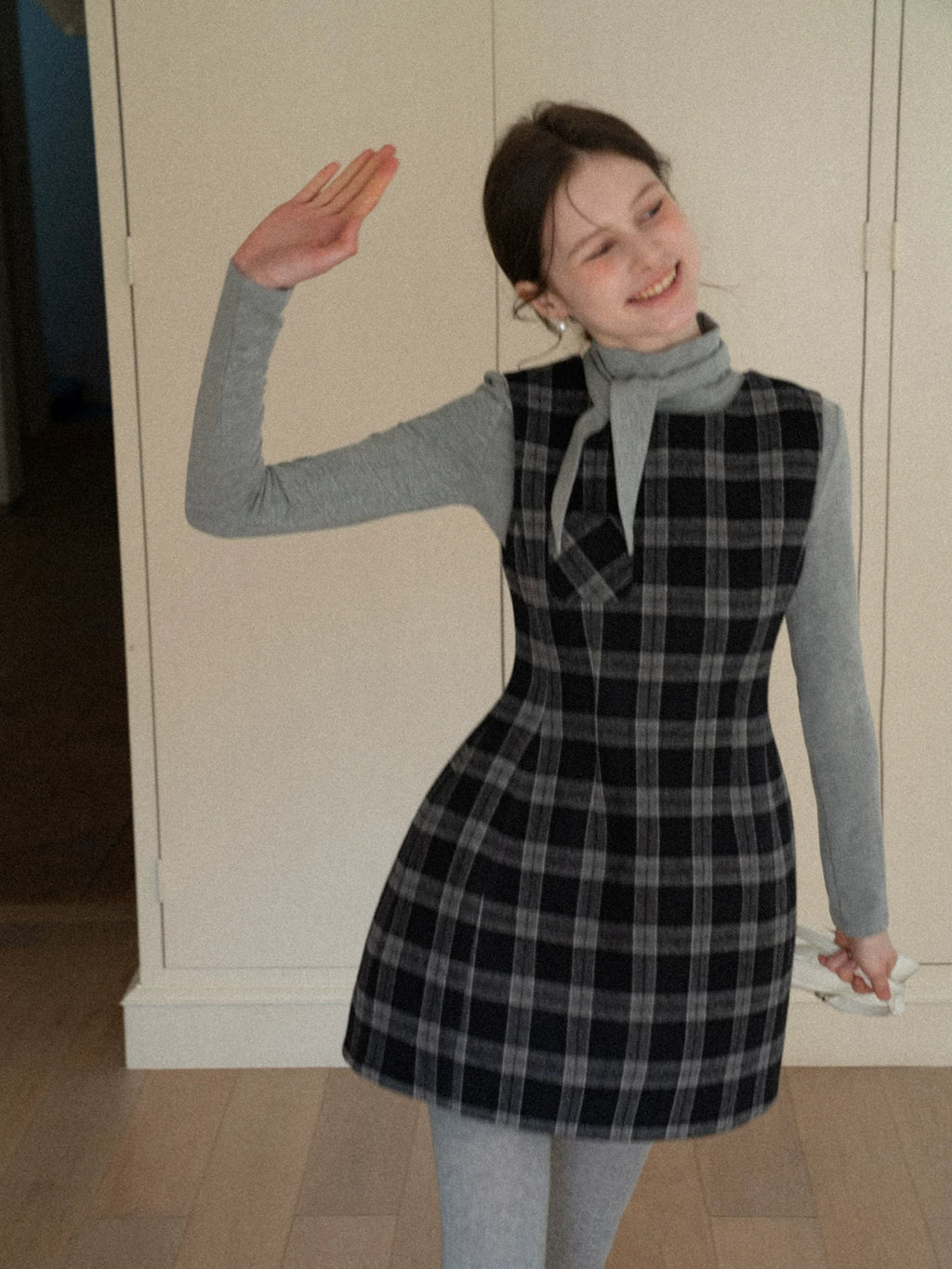 EGGKA Woolen Waist Thin Plaid Vest Dress