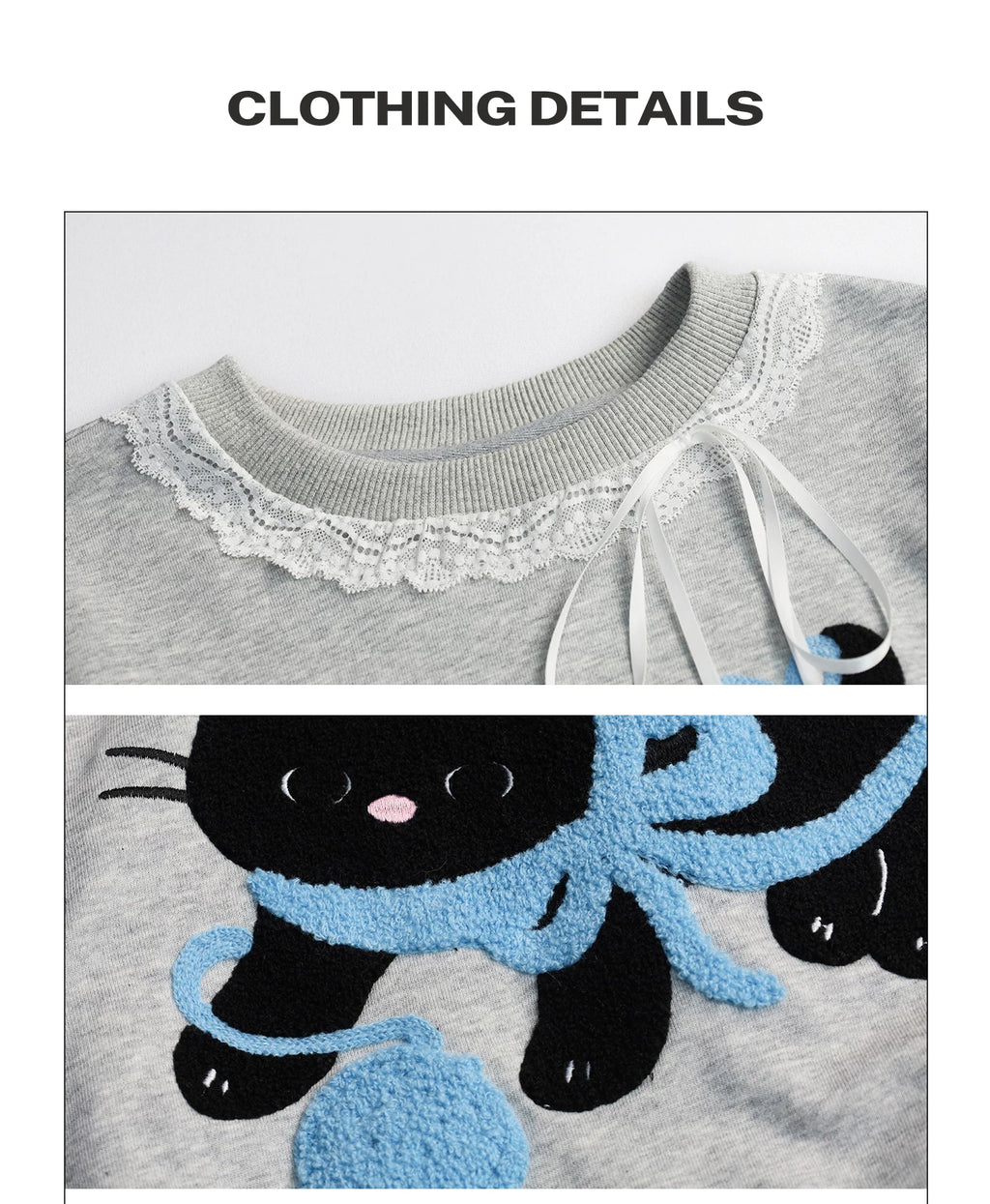 Girlyhalo Retro Hem Lace Pullover Round Neck Sweatshirt