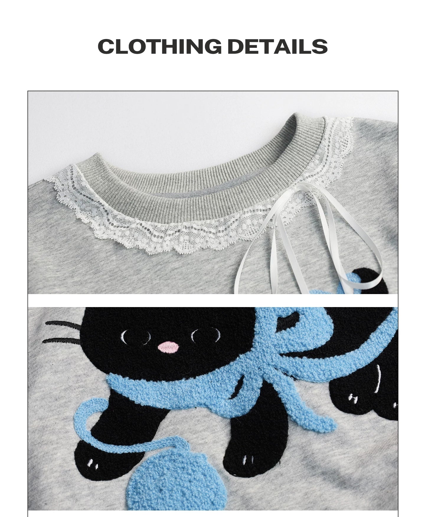 Girlyhalo Retro Hem Lace Pullover Round Neck Sweatshirt