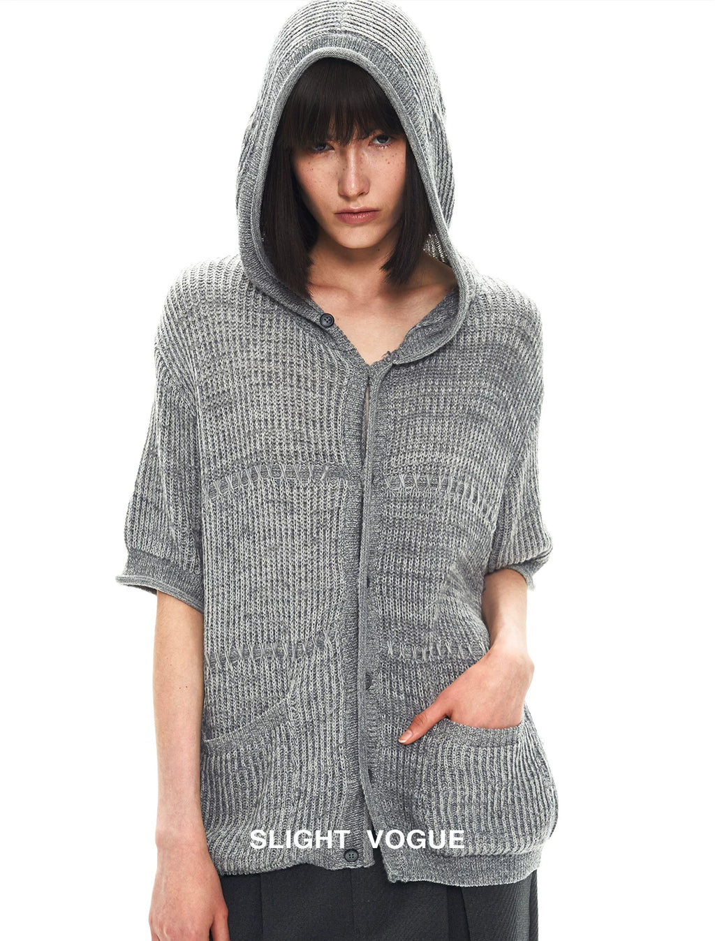 Slight Vogue Jacquard Hooded Wool Short Sleeve Cardigan