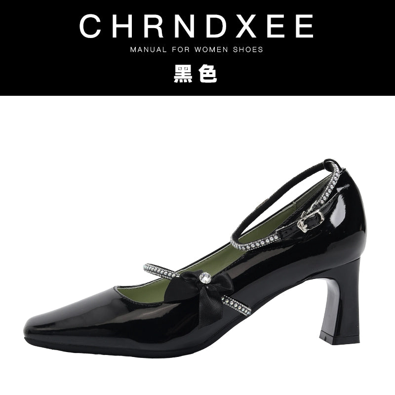 CHRNDXEE Retro Bow Rhinestone One-word Strap High-heeled Shoes