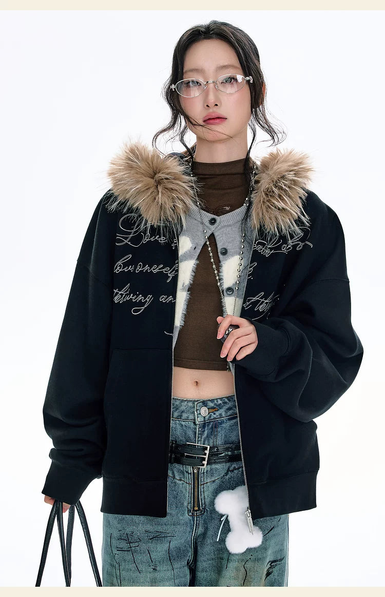 BJHG Vintage Fleece Collar Hooded Sweater Jacket