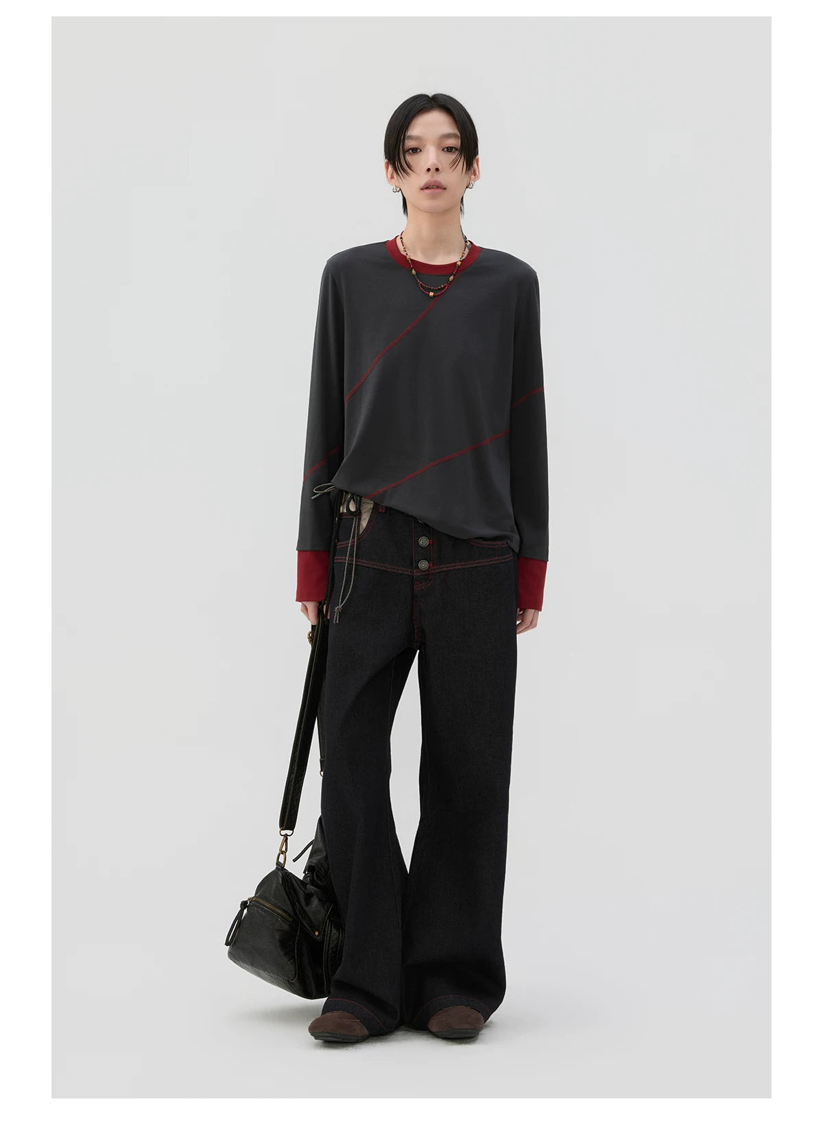 Sameuoo Fake Two Pieces Crew Neck Long Sleeve