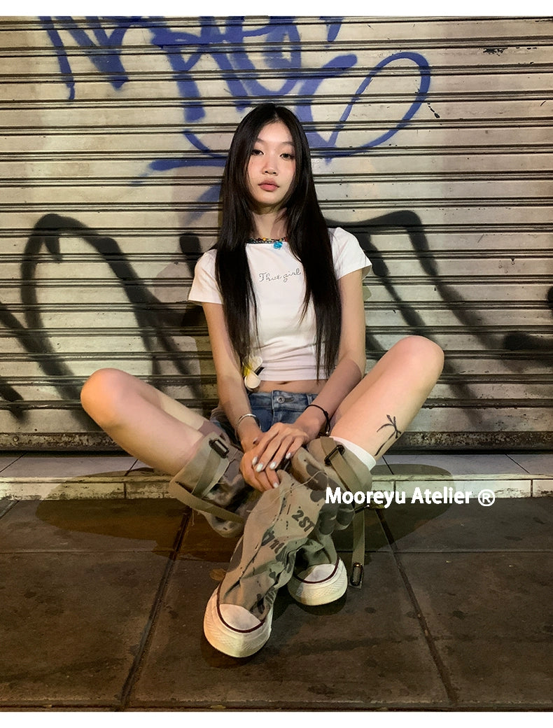 Mooreyu Belt Buckle Graffiti Pants Pile Boots