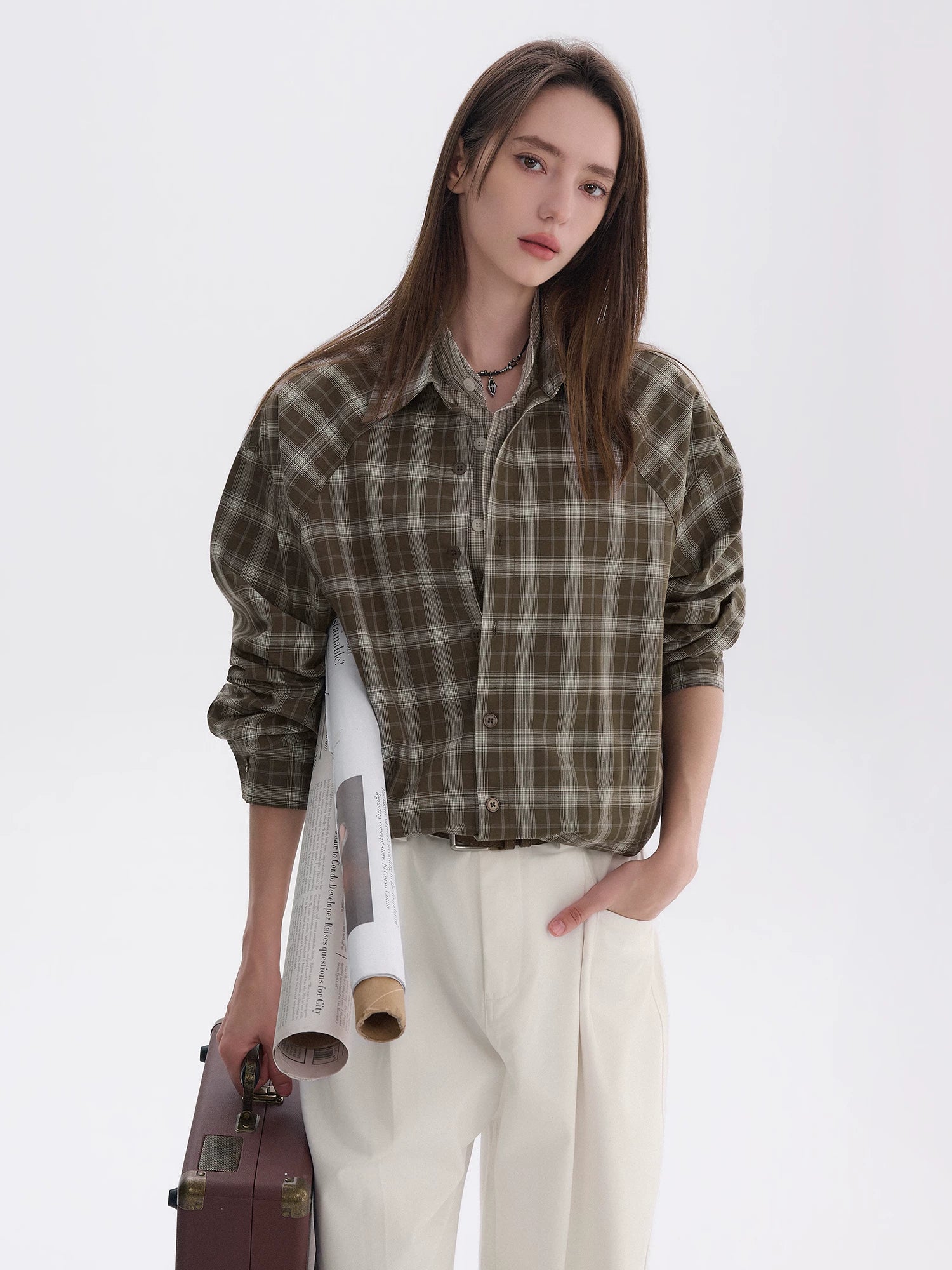 CHOR Vintage Fake Two-piece Casual Long-Sleeve Checked Shirt
