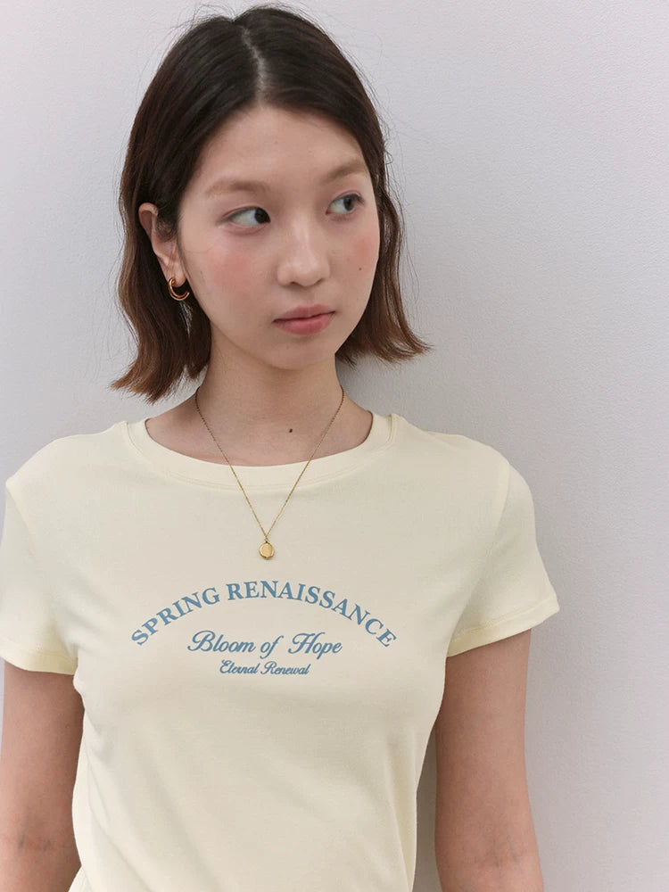 VOOE Letter Print Front Shoulder Crew Neck Versatile Tee