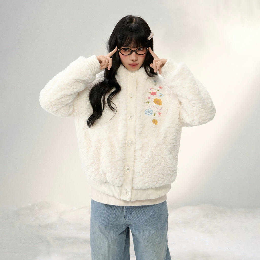 Umoumo Flower Embroidery Knitted Splicing Stand-up Collar Fur Jacket