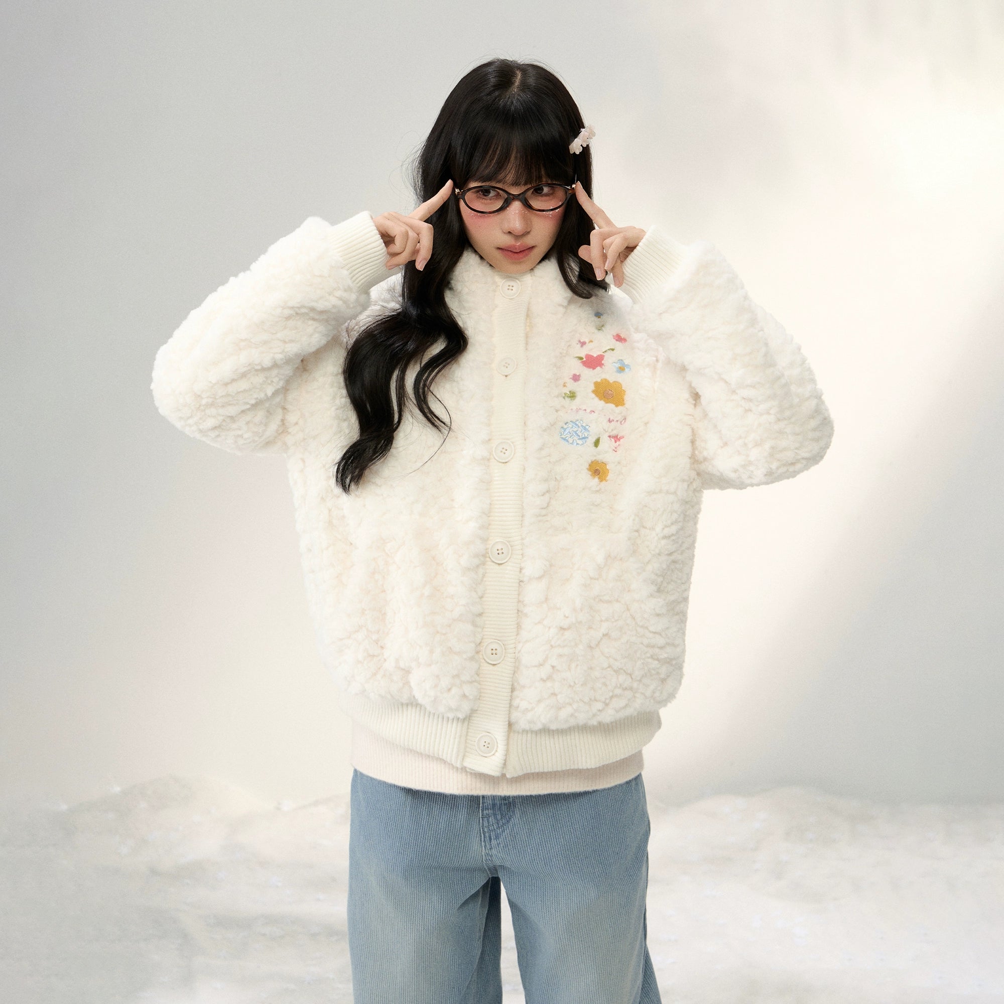 Umoumo Flower Embroidery Knitted Splicing Stand-up Collar Fur Jacket