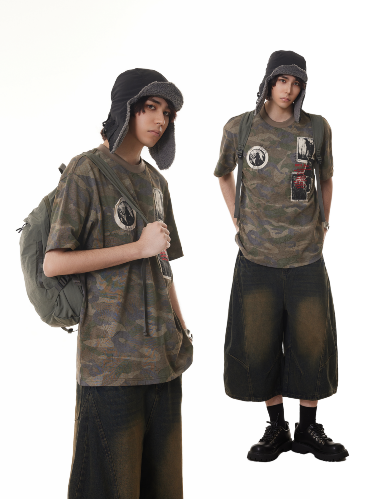 BTSG  boxy washed old sticker embroidery camouflage tee