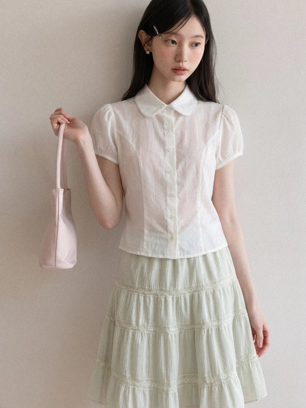 Cantonstory Slim-fit Waist Short-sleeved Shirt Skirt Set