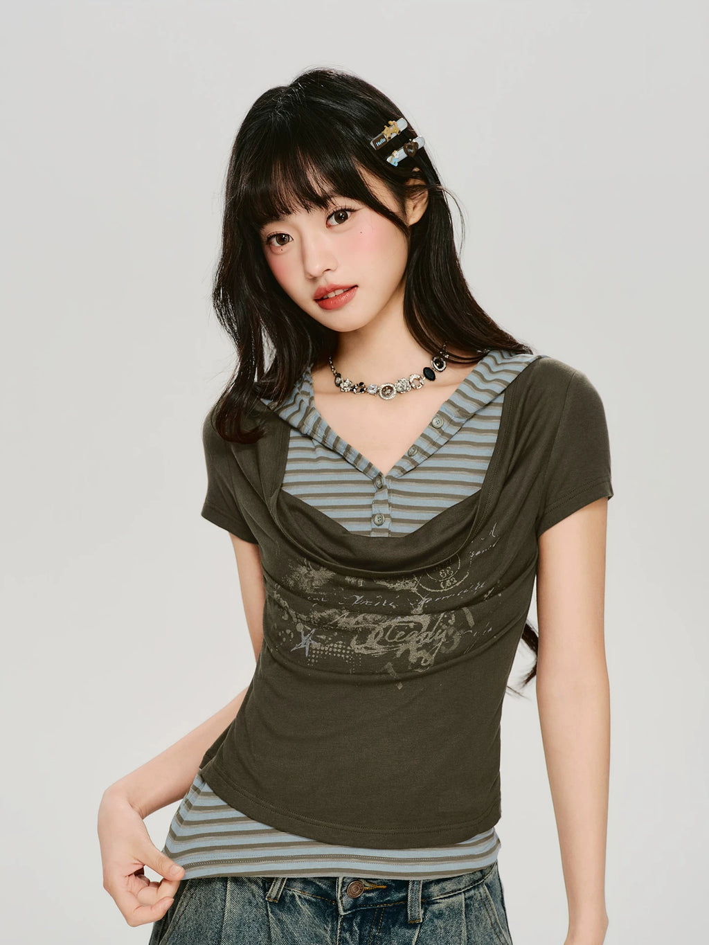 Girlyhalo Vintage Fake Two-piece Hooded Striped Slim Tee
