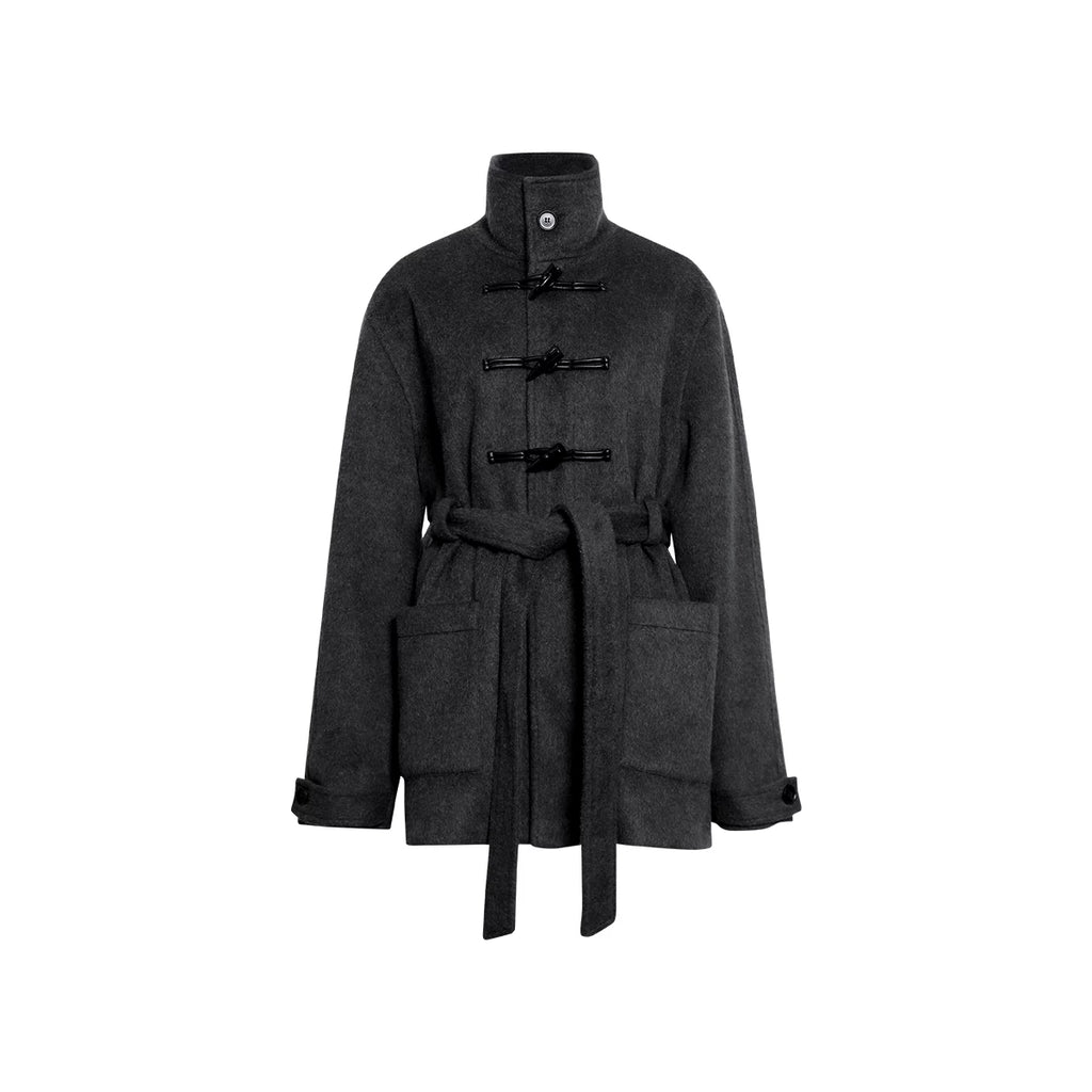 FUNKYFUN Horn Buckle Adjustable Belt Medium and Long Woolen Coat