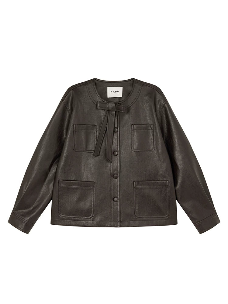 Kano Bow-embellished Small Crew Neck Leather Jacket