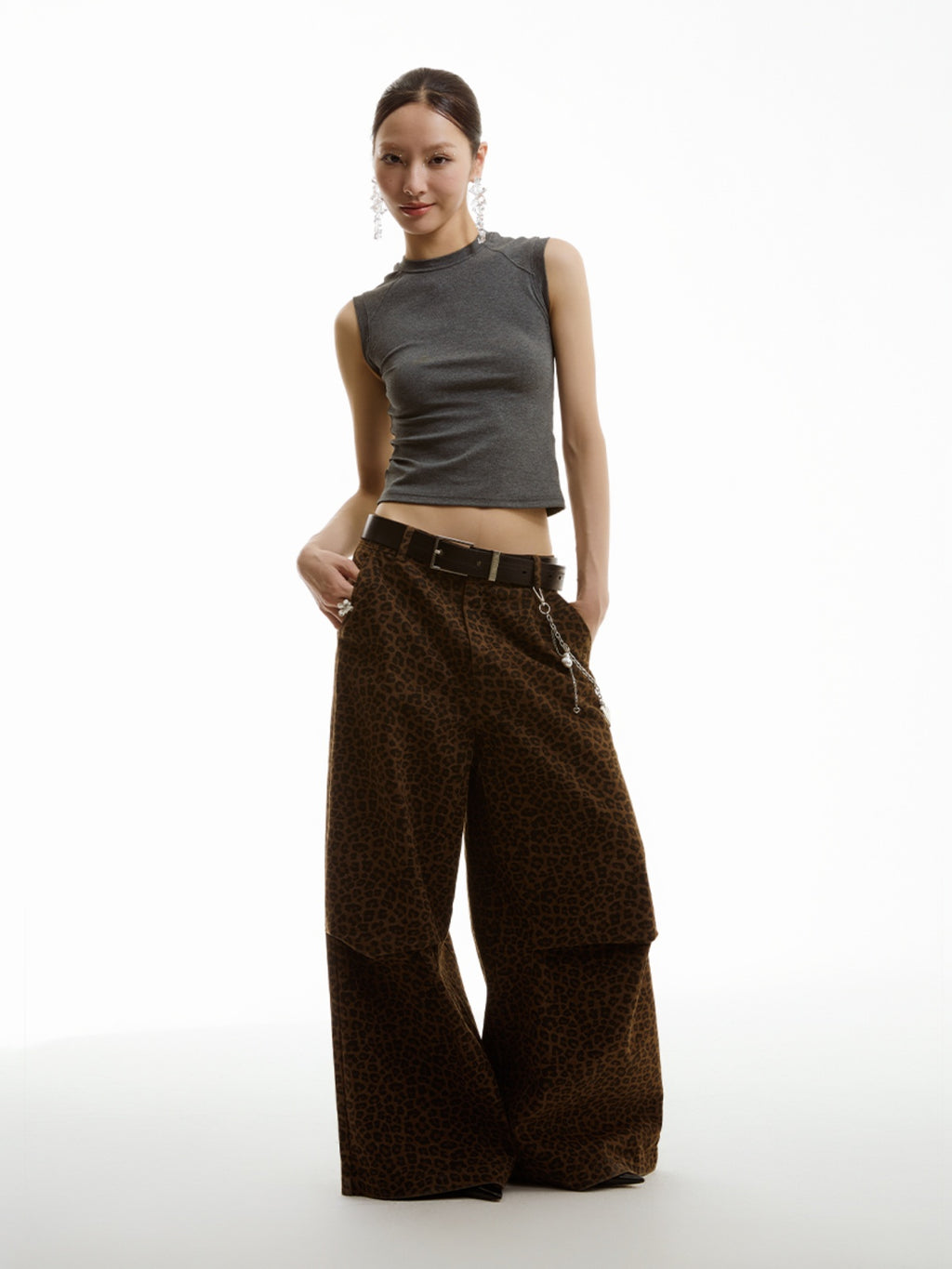 FUNKYFUN Leopard Print Knee Pleated Design Wide-leg Pants