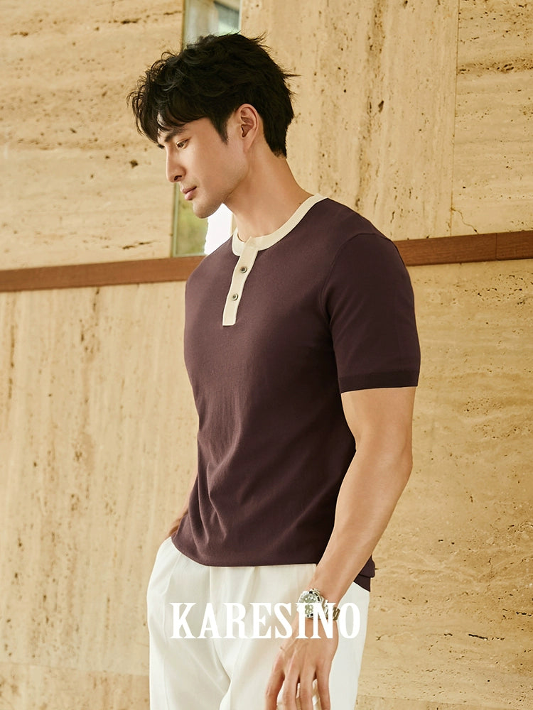 KARESINO Contrasting Color Splicing Cold Silk Cool Knitted Polo Shirt