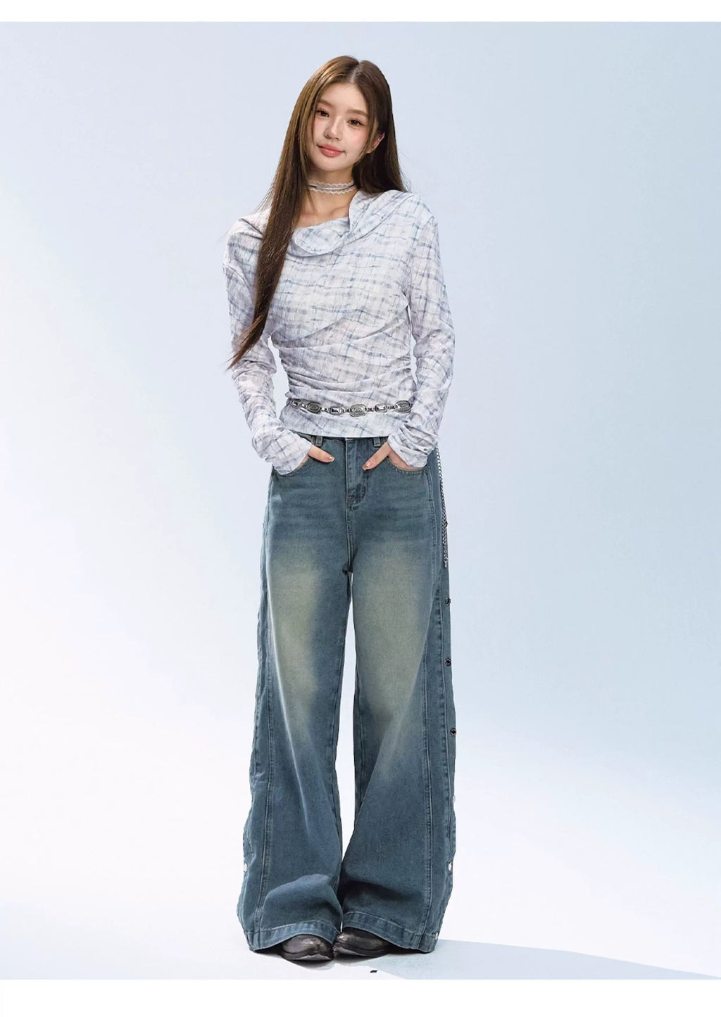 Ablueberry One-word Shoulder Plaid Long Sleeves