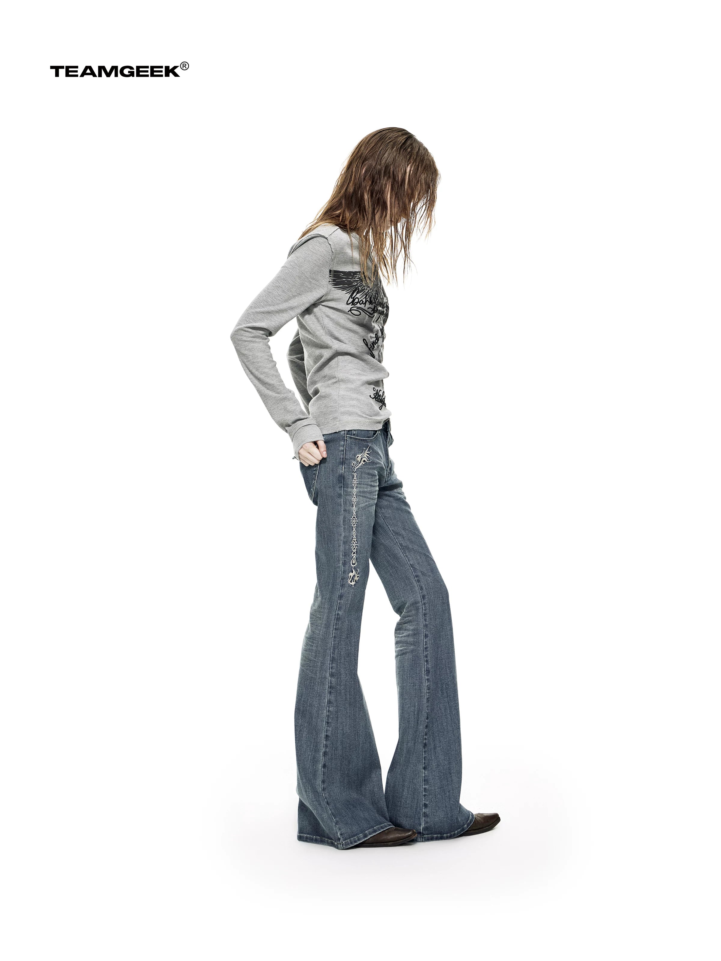 TEAMGEEK Totem-embroidered Stretch-flared Jeans