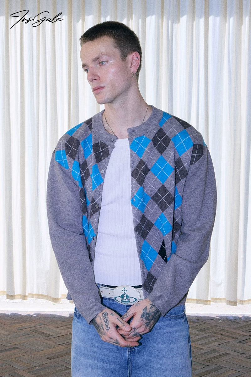 InsGale Vintage Rhombus Knitted Cardigan Sweater