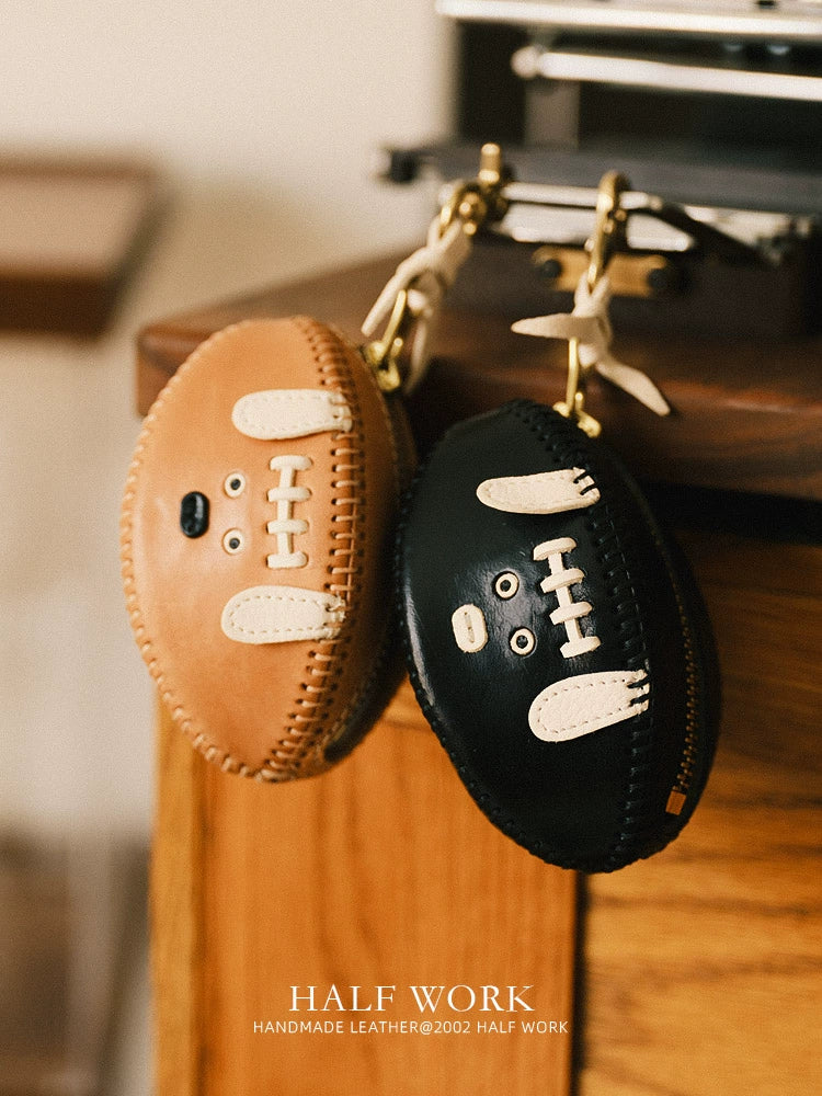 HALF WORK first layer cowhide key bag, genuine leather retro handmade football bag, earphone bag, key bag.